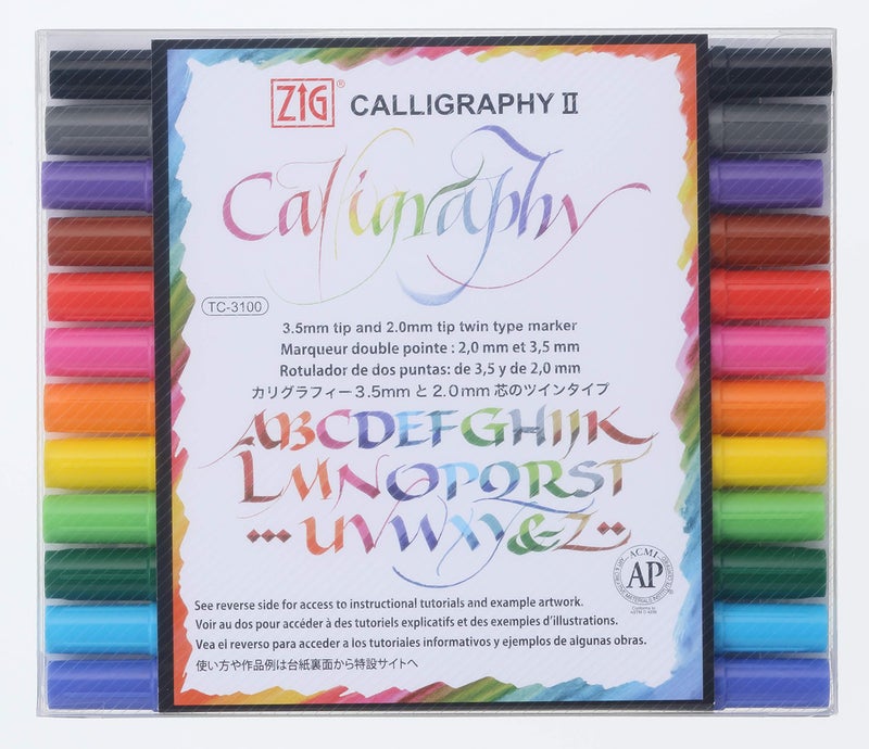 Kuretake ZIG Calligraphy Marker Pens  12 Colors set  2mm & 3.5mm Dual Tip Markers  for Writing & Hand Lettering  for Professional  Beginner  Water-based dye ink  Made in Japan - Image 1